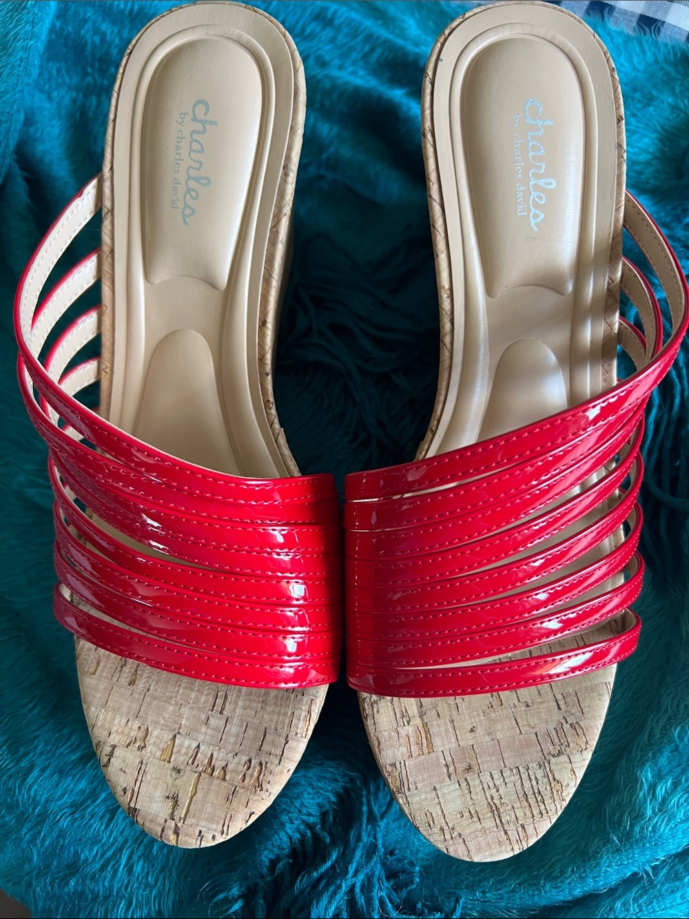 Charles David Red Patent Multi-Strap Cork Wedge Slides